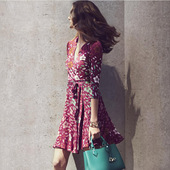 F碎花七分袖 裹身裙V领 修身 显瘦印花拼接雪纺连衣裙女夏中长款