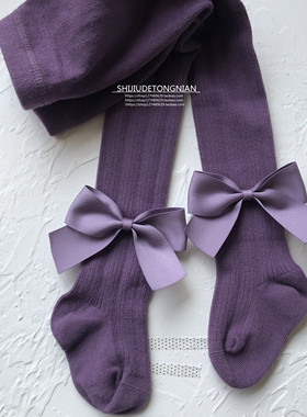 女童纯棉连裤袜紫色宝宝精梳棉无骨缝长袜蝴蝶结造型打底裤袜加档