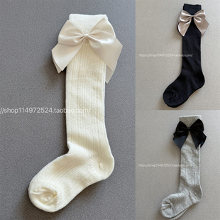 女童中筒袜夏季薄款手缝大蝴蝶结公主袜学生松口棉袜儿童网眼袜子