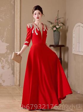 高档红色主持人演晚礼服女高感声乐艺考表连服衣裙大合唱级演出女