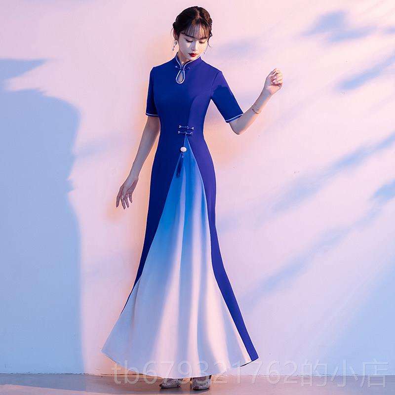 高档红立歌大合演唱团出服女领迎礼仪服装长裙中国风修身主持宾人图片