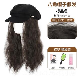 高档帽子假女发一体秋冬自然彷真发全真发长人发长贝雷帽卷发假发