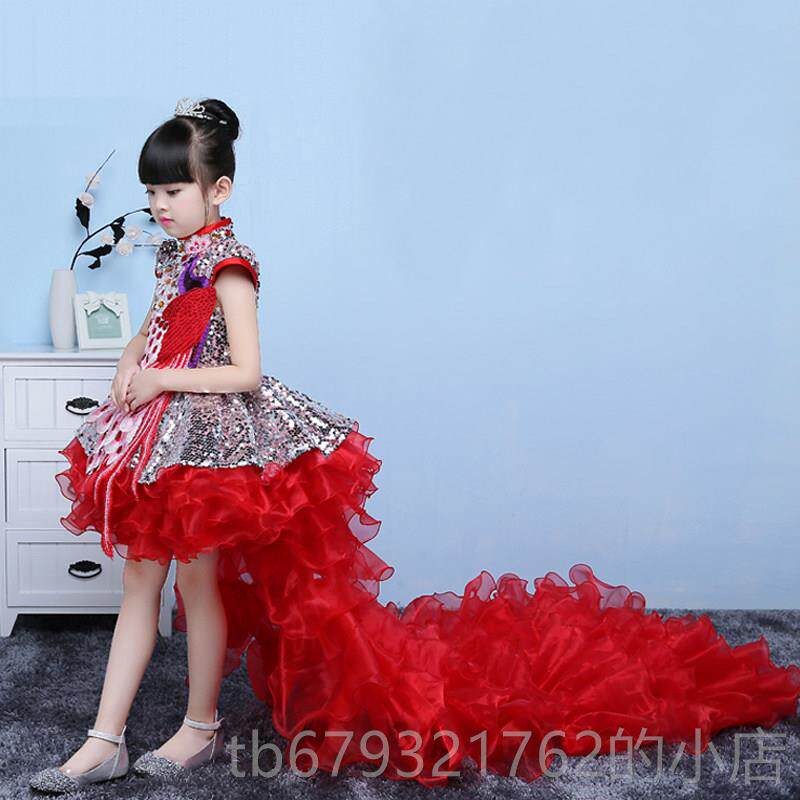 高档六一节主持舞裙女蹈演出服儿公童主小孩孔雀超长拖尾裙花童晚