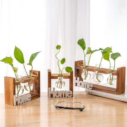 Creative Wooden Frame Hydroponic Vase, Green Radish Plant, Glass Flower Vessel, Living Room Small Container, Office Desktop Decoration Ornaments