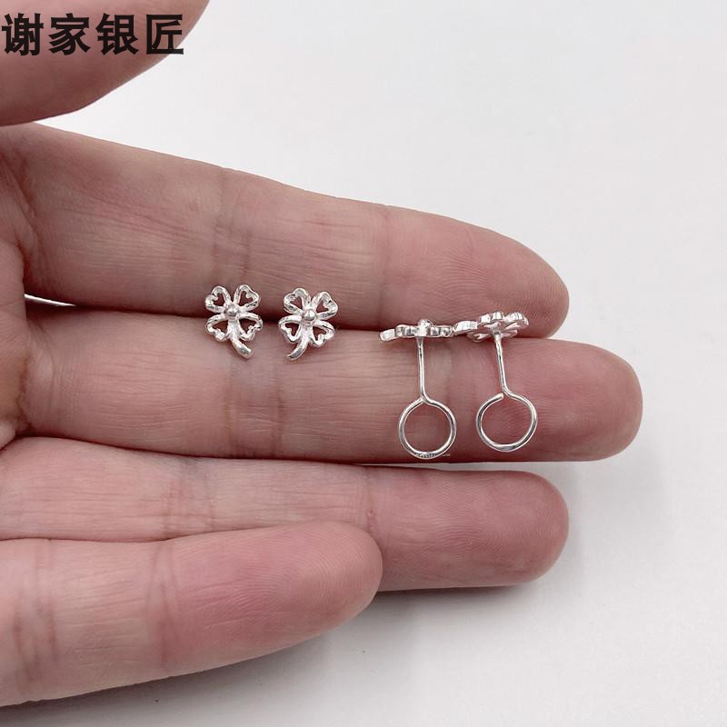 新款耳环女镂空叶花草耳钉韩国 99足银幸福草简约小清新