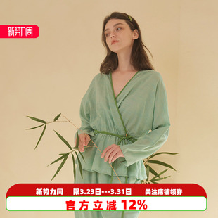 套装 V领棉麻性感系带长袖 春夏新中式 朵朵可可家居服睡衣女24新款