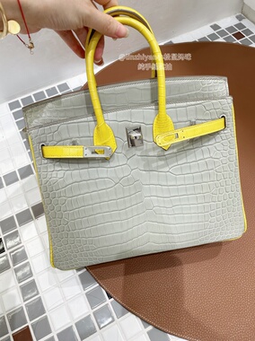 SO定制 纯手工铂金包bk25 美洲鳄鱼皮手缝蜡线金盏花黄色拼灰色银