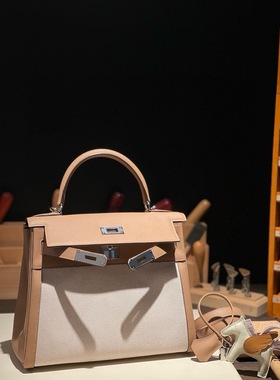 新款凯莉包KL28拼帆布玛莎拉奶茶色sw皮银扣toile高级手缝蜡线