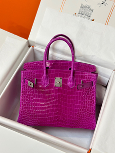 天方夜谭紫HCP湾鳄倒V亮面纯手工定制金银扣BK30手工钉定制鳄鱼皮