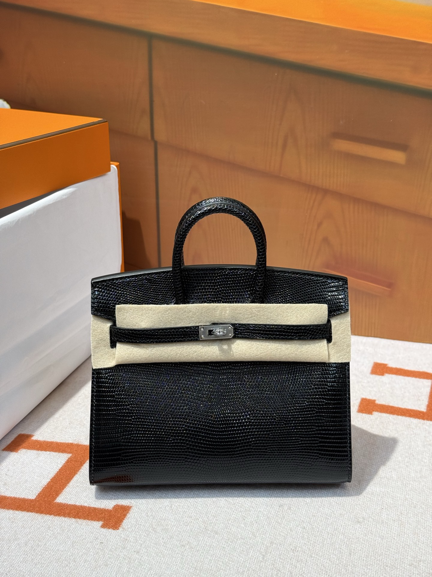 bk20外缝迷你蜡线铂金包手工订制h家原厂hcp蜥蜴皮黑色银扣手提包