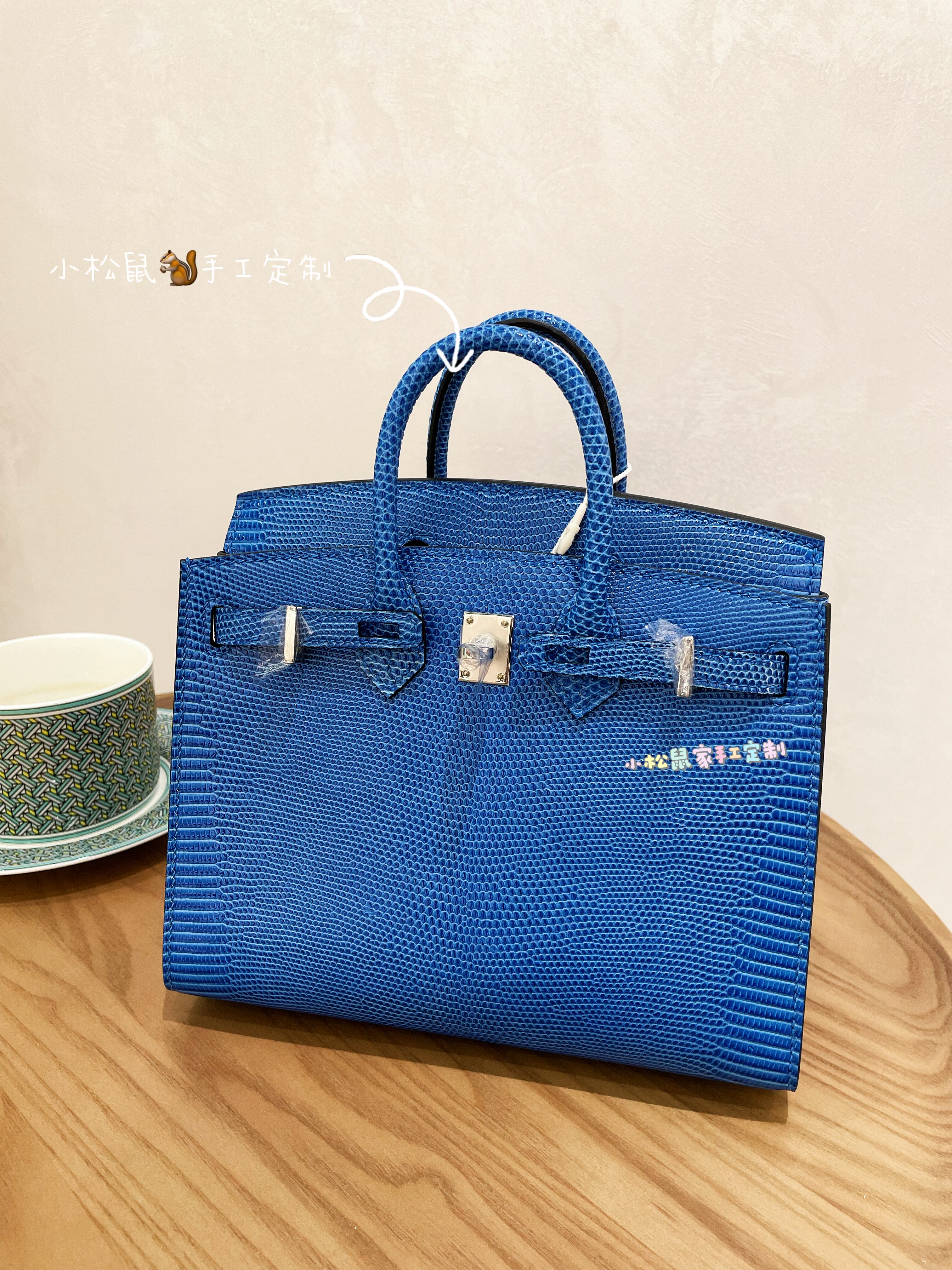 手工定制迷你铂金包BK20外缝 7Q希腊爱情海 宝石蓝进口蜥蜴皮银扣