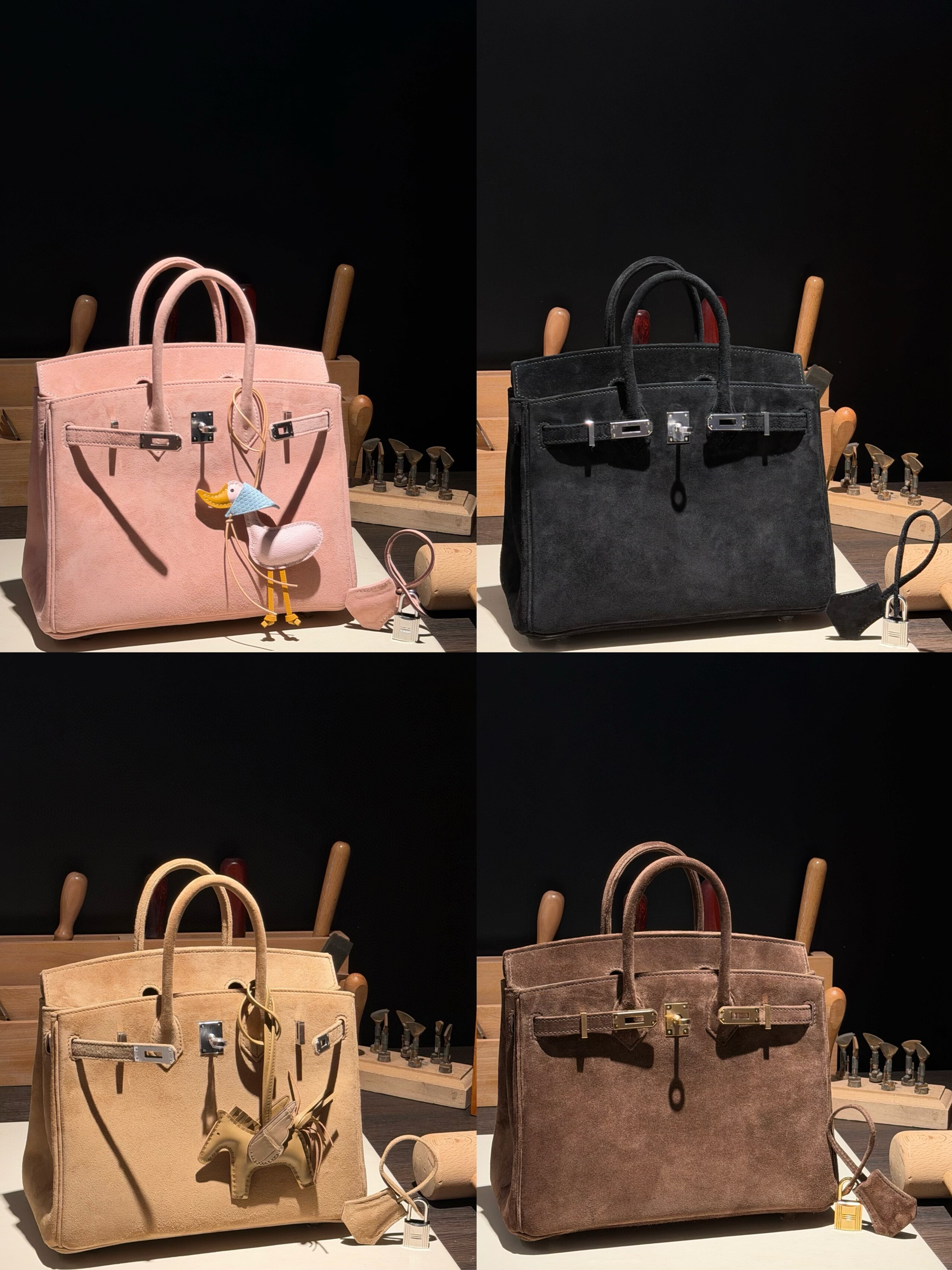 秋冬新款进口麂皮bk25铂金包浅金色蜡线手缝高级时髦手提女美拉德