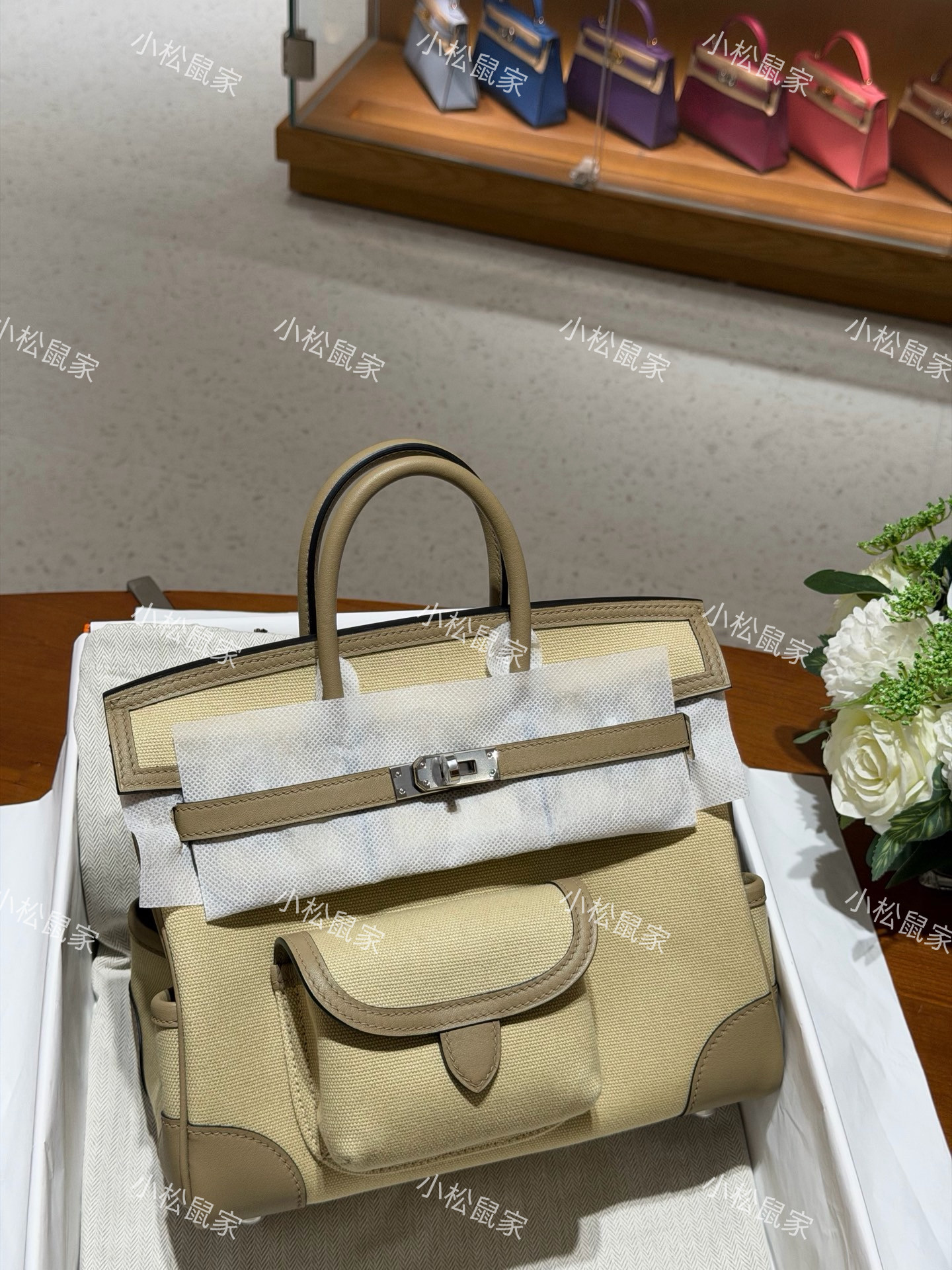纯手工缝制Bk25铂金cargo咖啡包进口帆布拼sw牛皮马尔法米色银扣