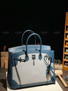 小松鼠手工定制铂金大号BK35蕾丝拼帆布包普鲁士蓝大容量男女手提