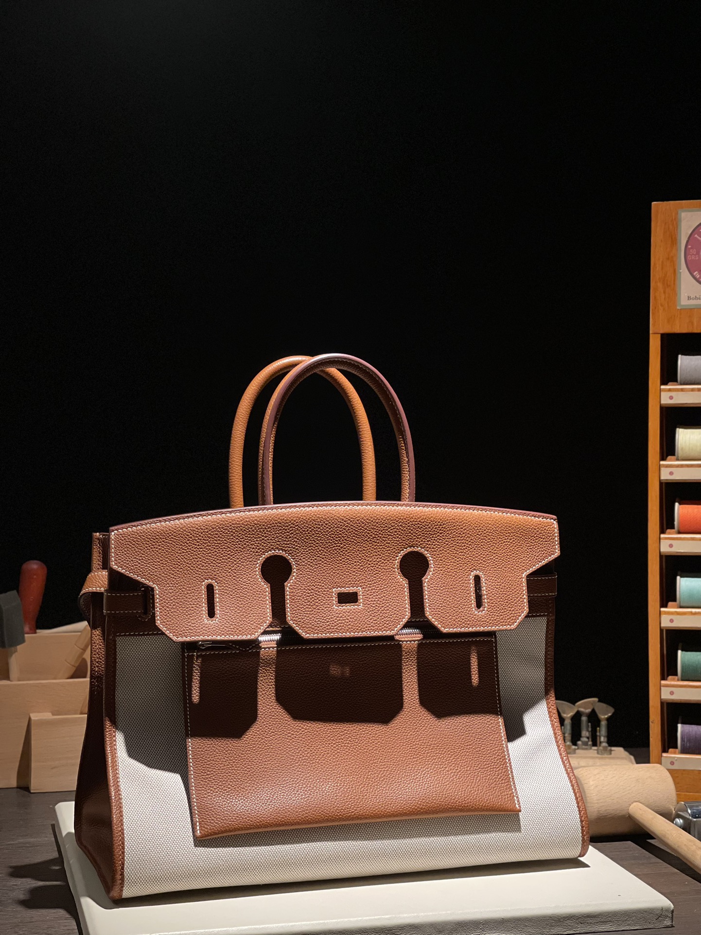 纯手缝铂金包男女情侣款 反面BK35福宝马鞍皮 金棕拼帆布银扣手提