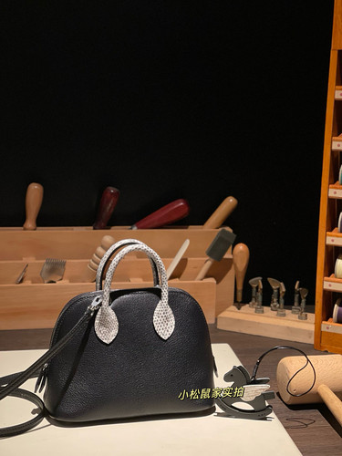 迷你保龄球纯手缝进口chamkila山羊皮黑色拼蜥蜴皮宝莱贝壳女包