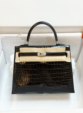 纯手工定制收藏级凯莉 KL25湾鳄倒v亮面鳄鱼皮 黑色金银扣女包