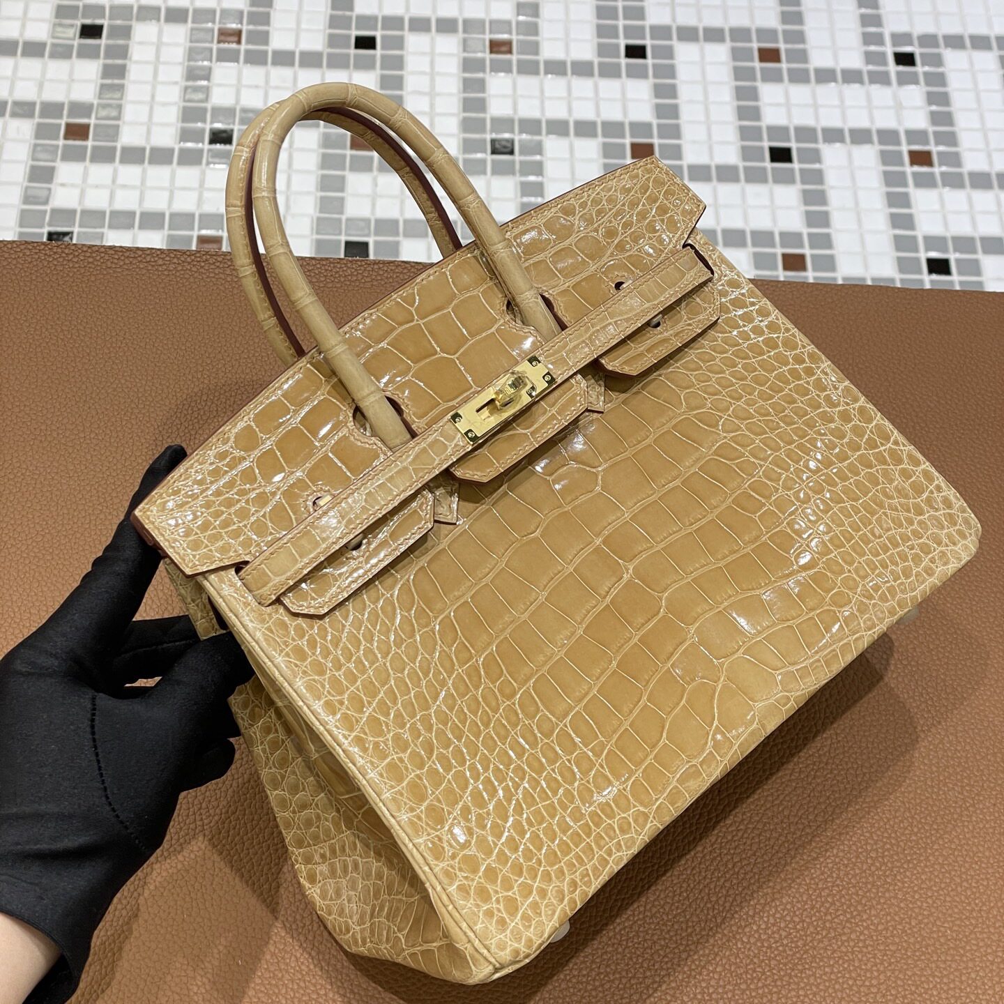 奶茶杏色金扣 原厂进口高光亮面hcp鳄鱼皮BK25CM金扣手工缝制女包