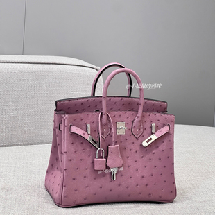 铂金包银扣南非鸵鸟皮bk25手工蜡线手缝女包薰衣草紫色积雨云灰色