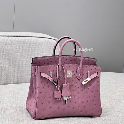 铂金包银扣南非鸵鸟皮bk25手工蜡线手缝女包薰衣草紫色积雨云灰色