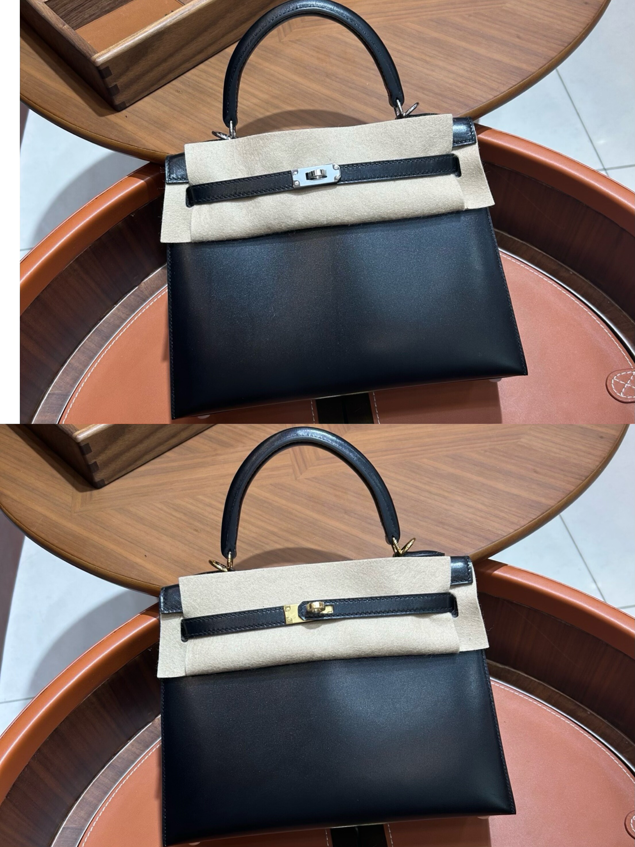 凯莉包KL25纯手工定制欧美h家进口box皮黑色单肩手提女包金银扣