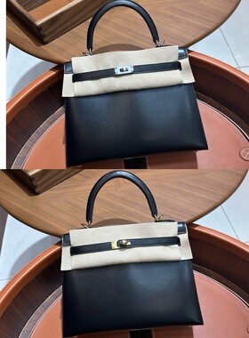 凯莉包KL25纯手工定制欧美h家进口box皮黑色单肩手提女包金银扣