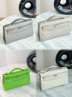 凯莉一代迷你mk1南非鸵鸟皮冰川白珍珠灰KL22手缝蜡线宴会手拎包