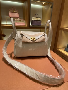 纯手工定制迷你琳迪LD19mini 冰川白美洲雾面鳄鱼皮金扣蜡线女包