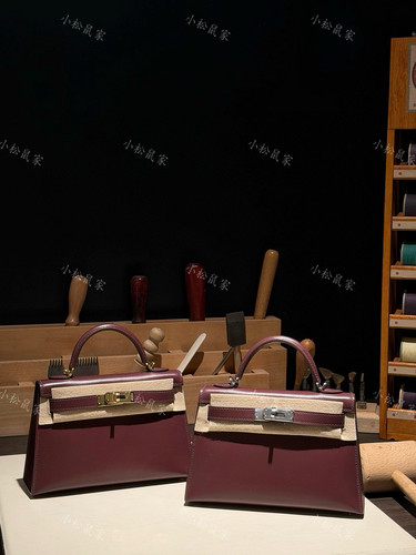 新款KL19波尔多酒红色box二代凯莉mini蜡线手缝原厂皮斜挎小包女