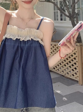 露背裙摆式娃娃衫拼接上衣女吊带仙气甜美小个子蓬蓬度假风背心夏
