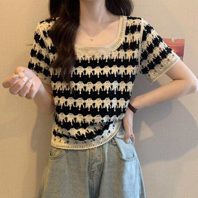 新款大码条纹短袖T恤女复古镂空毛针织衫