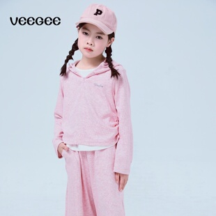 VG童装中大童运动套装粉色连帽运动外套休闲长裤女童时尚运动套装