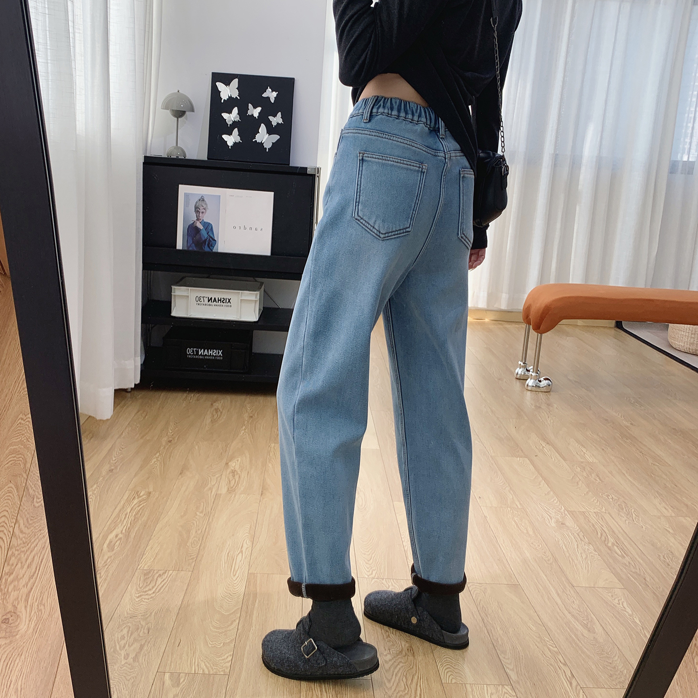 后半松紧腰加厚加绒锥形牛仔裤女