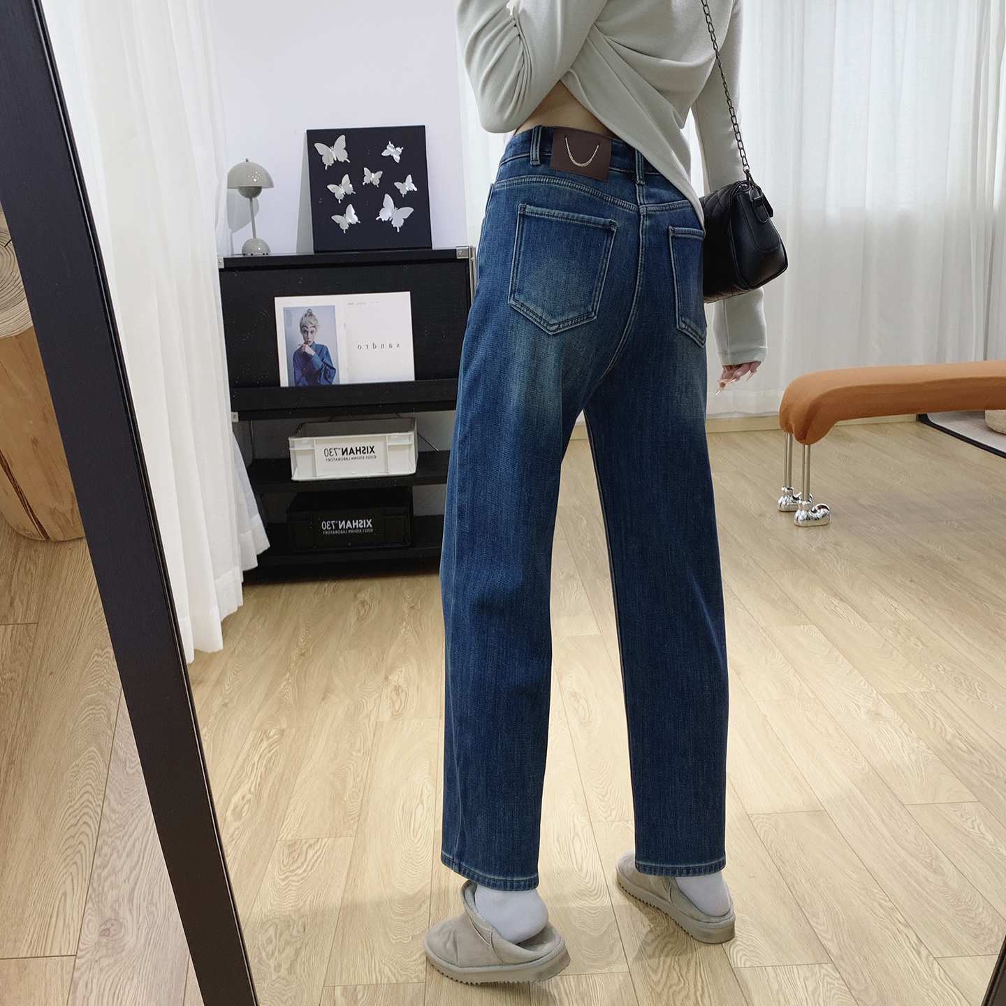 高腰显瘦加厚加绒直筒牛仔裤女