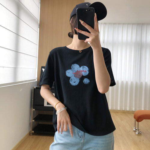 透气麻感棉！花朵正肩短袖T恤女