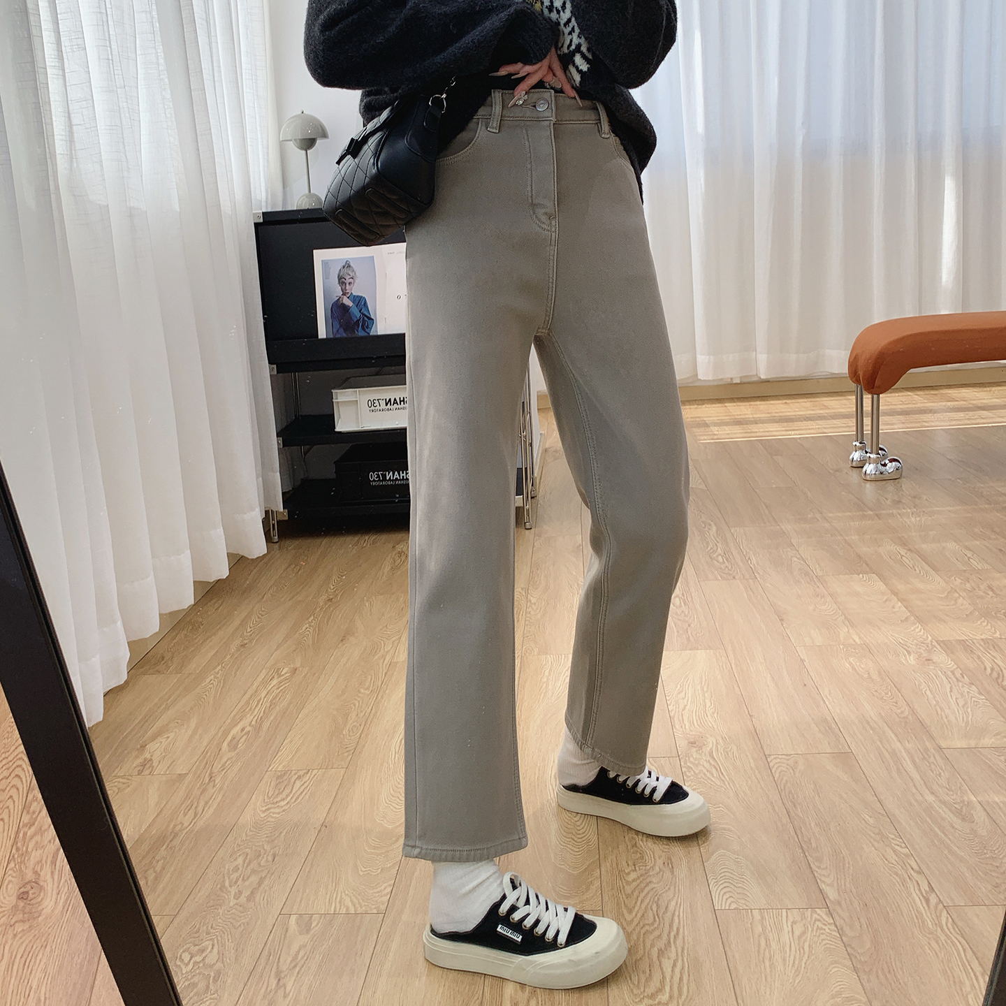 高腰显瘦加厚加绒直筒法棍牛仔裤