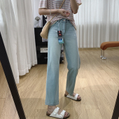 夏天裤 宽松直筒牛仔裤 子 女夏薄款 超薄四面弹醋酸高腰显瘦法棍裤