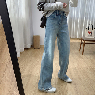 开叉水貂绒高腰显瘦加厚加绒阔腿裤 秋冬 女冬季 宽松直筒拖地牛仔裤