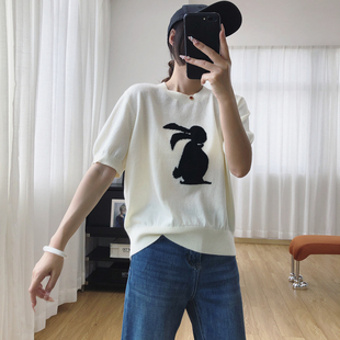 显瘦五分袖 清仓特价 女秋季 针织衫 套头毛衣 绵羊毛兔子刺绣中袖