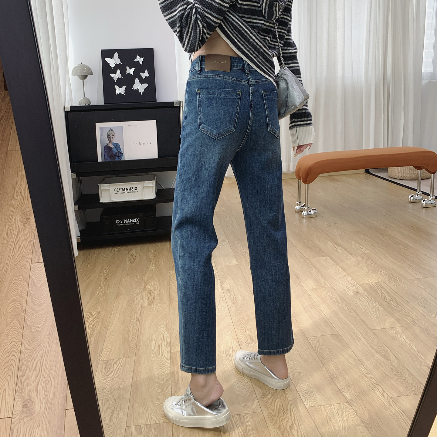 四面弹口袋刺绣高腰显瘦烟管裤女秋季直筒牛仔裤2025新款裤子春秋