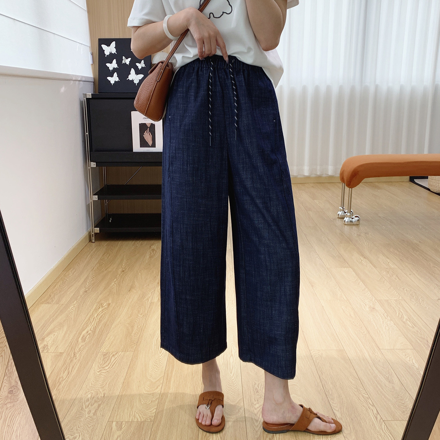 抽绳松紧腰宽松直筒八分休闲裤女