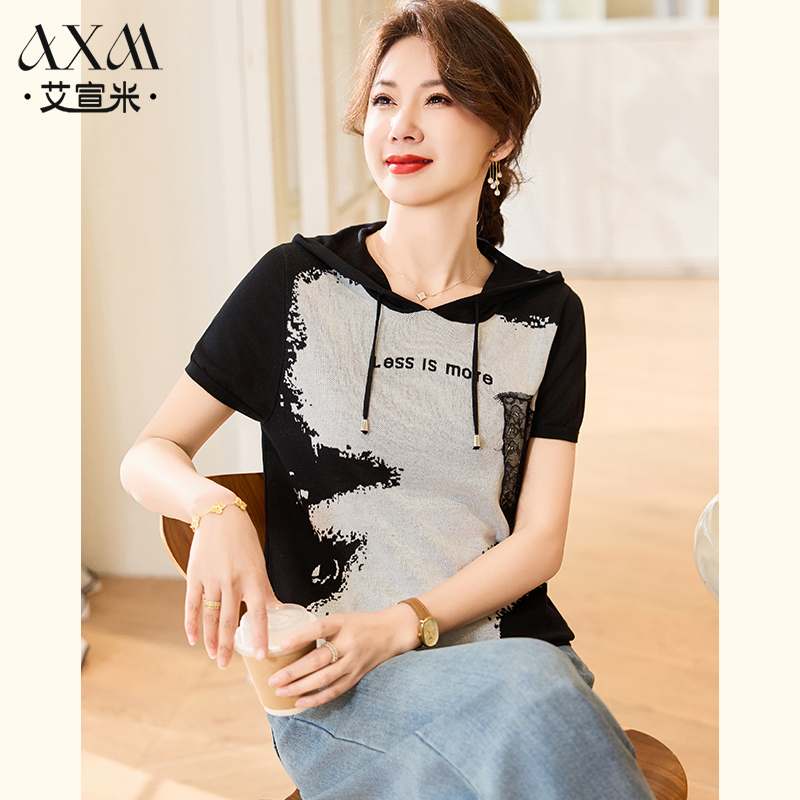 妈妈夏装2025新款短袖连帽t恤衫休闲减龄中年女装夏季薄款针织衫