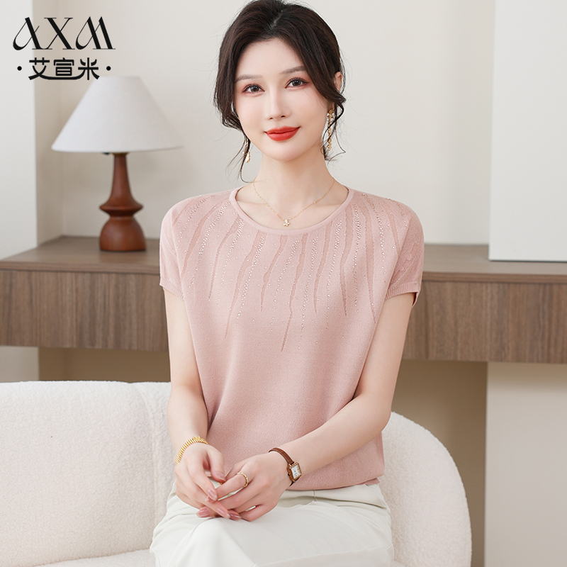 妈妈夏装2025新款洋气短袖针织T恤中年女装夏季上衣时尚冰丝小衫