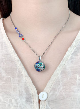 新款复古镂空珐琅彩工艺花球吊坠女个性五福花锁骨链挂坠项链挂件