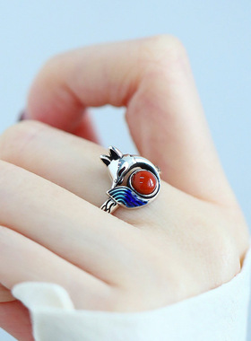 烧蓝小狐狸戒指女复古做旧古风食指开口戒子指环国潮旗袍汉服饰品