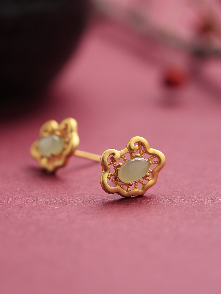 925银镶和田玉石复古风碧油青翡翠冰种耳钉气质耳环妈妈旗袍耳饰