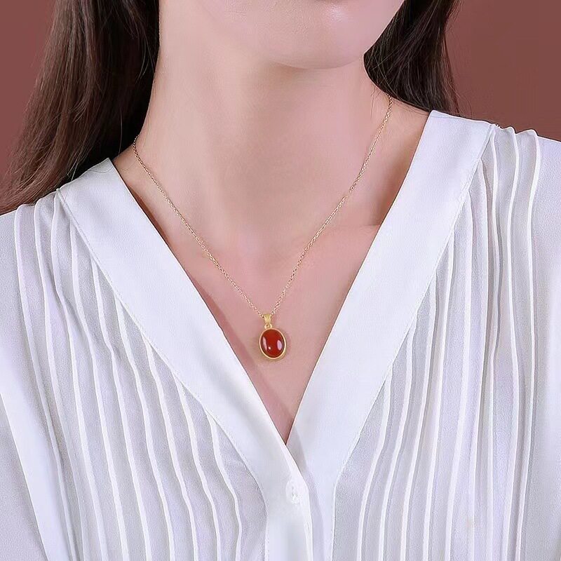 S925纯银镀金镶嵌天然南红玛瑙女士高档百搭锁骨链项链吊坠