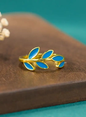 原创珐琅彩转运幸运树叶开口通用指环新中式国潮风百搭戒指饰品女