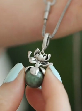 中国风复古做旧翡翠莲花吊坠女新中式典雅宫廷风项链汉服旗袍配饰