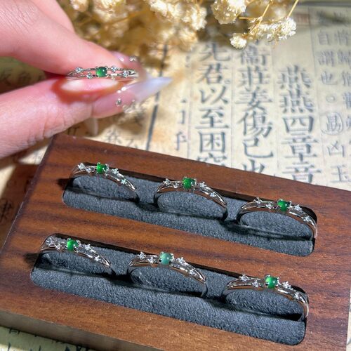 厂家小红薯天然危料阳绿翡翠镶嵌小清新设计款女戒可调节